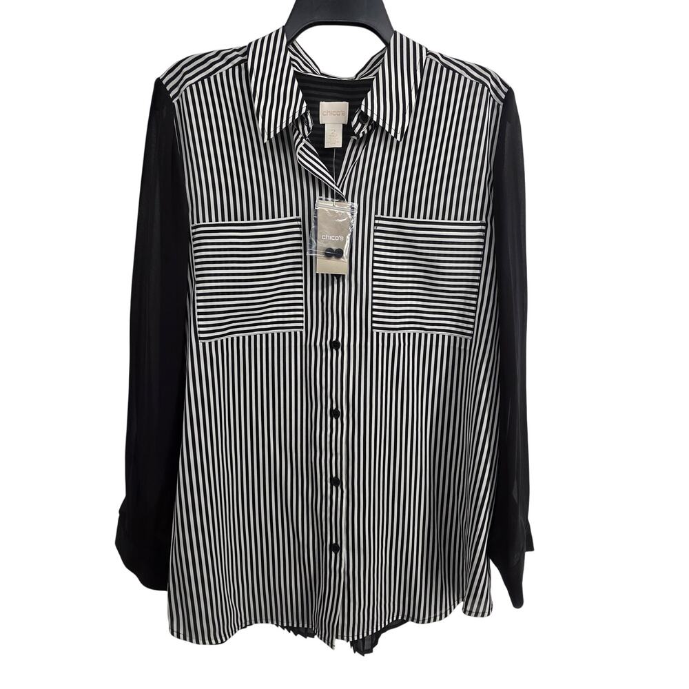 Chico's NEW Ginette Stripe Ease Long Sleeve White Black Blouse Size 2 US 12